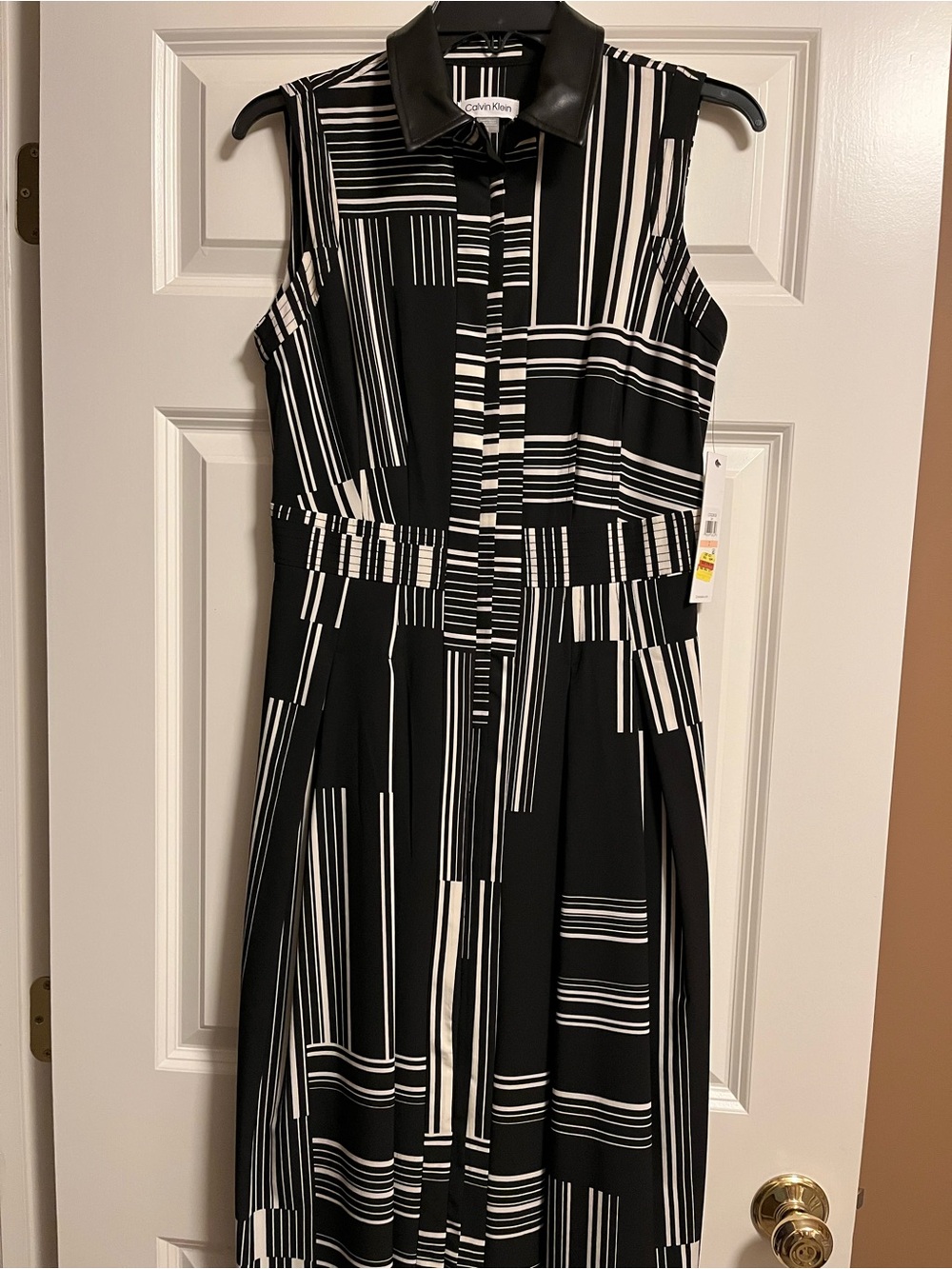 Calvin Klein Black and White Striped Midi Dress